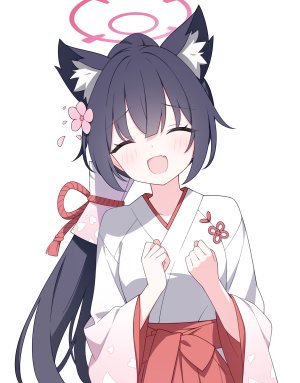 黑见芹香,セリカ,蔚蓝档案,jyt,兽耳,黑发,脸红,猫耳,发饰,光晕,和服,长发,长袖,巫女,開口,马尾辫,短裙,笑顔,single,超长发,白背景