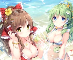 宮瀬まひろ,望月椎那,博麗霊夢,東風谷早苗,东方Project,水着,长发,泳装,scan