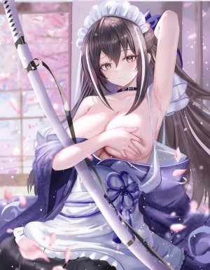 Fate系列,Fate/GrandOrder,age_fx,围裙,黑发,脸红,breasts,棕色眼,樱花,项圈,和服,武士刀,长发,长袖,视线正对,花瓣,短裙,single,剑,weapon,白发