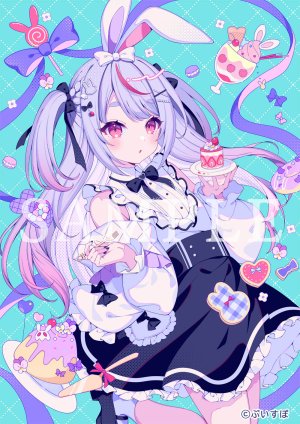 たてじまうり,兎咲ミミ,vspo!,兽耳,露肩,脸红,领结,holding,长发,长袖,马卡龙,開口,布丁,紫发,红色眼,衬衫,短裙,single,Vtuber