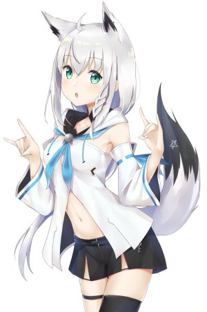 Vtuber,Hololive,白上フブキ,hujinoyume,长发,single,長身像,视线正对,白背景,绿色眼,兽耳,银发,呆毛