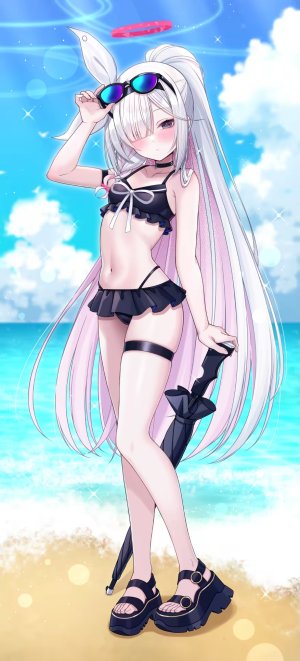 fukemachi,蔚蓝档案,普拉娜,萝莉,泳装,长发,海滩,雨伞,脸红,全身