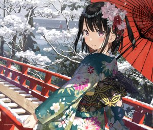 kantoku,雫,原创,黑发,脸红,和服,马尾辫,短发,雪花,雨伞