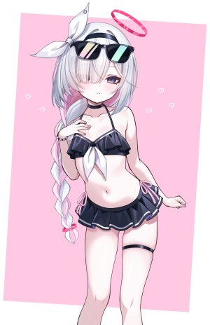 普拉娜,蔚蓝档案,fukemachi,水着,三股辫,灰发,光晕,长发,视线正对,露脐,粉发,single,泳装,白背景