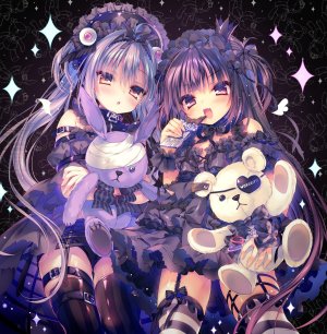 原创,Rubi-sama,连衣裙,哥特式洛丽塔,holding,萝裙,长发,開口,紫色眼,紫发,毛绒玩具,泰迪熊,丝袜,超长发,黄色眼