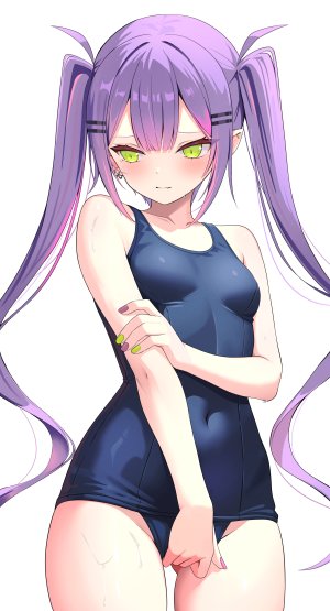 常暗トワ,Hololive,猫乃介,breasts,绿色眼,发饰,长发,粉发,尖耳,紫发,死库水,single,泳装,双马尾,超长发,Vtuber,白背景