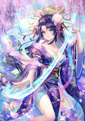 sengoku_fubu,poshii,single,長身像,脸红,视线正对,胸部,前发,碧眼,黑发,笑顔,露肩,巨乳,holding,cleavage