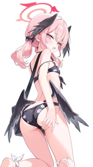 下江コハル,蔚蓝档案,北乃ゆきと,水着,breasts,光晕,跪姿,视线正对,回头看,開口,single,泳装,双马尾,翅膀