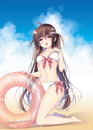 原创,hano_haruka,呆毛,前发,海滩,水着,脸红,胸部,茶发,发饰,长发,视线正对,横乳,露脐,開いた口,红色眼,阴影,天空,single,泳装,双马尾