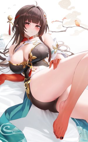 崩坏：星穹铁道,honkai,灵砂,飯桶君,single,长发,長身像,视线正对,前发,脸红,breasts,茶发,棕色眼,cleavage,直刘海,呆毛,横臥,少女