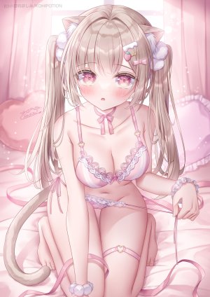 原创,小日向ほしみ,兽耳,露肩,金发,脸红,领结,bra,手镯,breasts,猫耳,猫娘,猫尾,cleavage,发饰,长发,视线正对,開口,胖次,single,双马尾,下着,超长发