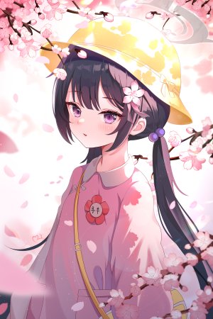 竜華キサキ,蔚蓝档案,ccczr,黑发,脸红,樱花,发饰,holding,长发,视线正对,開口,紫色眼,衬衫,single,双马尾