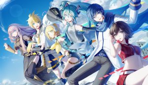 初音ミク,鏡音レン,鏡音リン,KAITO,巡音ルカ,MEIKO,crypton_future_media,VOCALOID,yamiluna39,前发,露肩,黑丝,金发,碧眼,青发,棕色眼,茶发,发饰,长发,视线正对,迷你短裙,露脐,開いた口,粉发,学校制服,衬衫,短