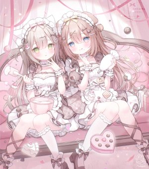 原创,omochi_monaka,兽耳,围裙,碧眼,脸红,breasts,茶发,cleavage,连衣裙,绿色眼,发饰,holding,长发,视线正对,女仆,缎带,坐姿,笑顔,情人节