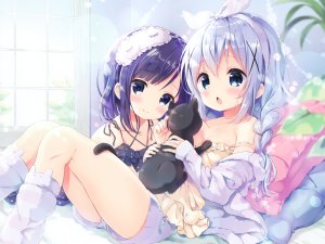 neki,風衣葉冬優,香風智乃,请问您今天要来点兔子吗?,动物,裸足,碧眼,脸红,萝莉,长发,紫发,短发,双马尾,scan