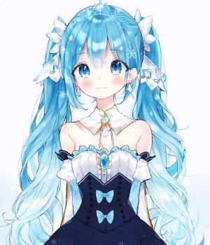 VOCALOID,初音ミク,雪ミク,ナレ,长发,single,長身像,脸红,视线正对,碧眼,白背景,双马尾,青发,cleavage,少女,连衣裙