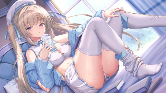 umitonakai,原创,脸红,breasts,茶发,cleavage,发饰,长发,长袖,视线正对,露脐,開口,胖次,褶皱裙,紫色眼,缎带,衬衫,坐姿,短裙,single,丝袜,双马尾,下着,超长发