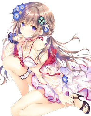 仁科心,同棲から始まるオタク彼女の作りかた,馆川まこ,露肩,水着,breasts,茶发,项圈,cleavage,发饰,长发,视线正对,露脐,紫色眼,single,泳装,双马尾,超长发,白背景