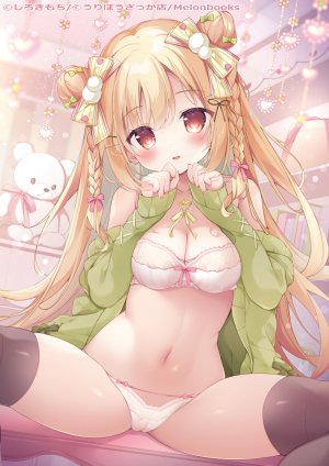 原创,白生もち,金发,脸红,bra,三股辫,breasts,棕色眼,cameltoe,开衫,cleavage,双团子头,包子頭,长发,长袖,视线正对,露脐,胖次,坐姿,single,张腿,毛绒玩具,泰迪熊,下着