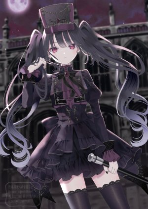 原创,paruno,黑发,黑丝,breasts,连衣裙,哥特式洛丽塔,holding,萝裙,长袖,视线正对,红色眼,single,丝袜,双马尾