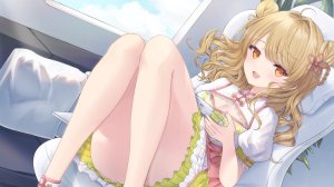 asahi_nina,独立虚拟YouTuber,kurage_cc,呆毛,金发,脸红,breasts,cleavage,双团子头,包子頭,holding,长发,视线正对,開口,衬衫,坐姿,短裙,笑顔,single,Vtuber