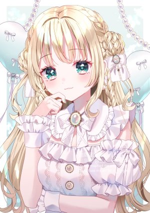 原创,あでりーぬ,金发,脸红,三股辫,绿色眼,包子頭,长发,视线正对,single