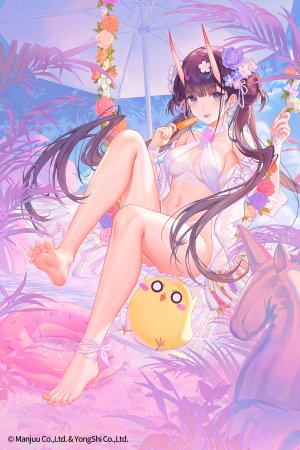 Manjuu,能代,碧蓝航线,ATDAN,海滩,水着,黑发,breasts,发饰,露脐,紫色眼,single,泳装