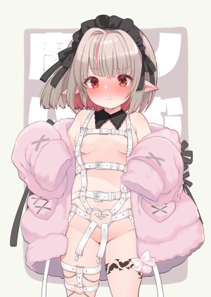 藤崎ひかり,魔界ノりりむ,Nijisanji,nijisanji_gamers,bottomless,garter,萝莉,No-Bra,开衫,尖耳,tattoo