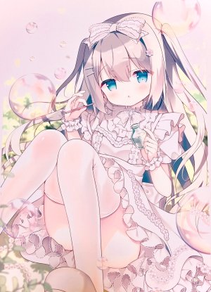 原创,あづみ一樹,碧眼,breasts,茶发,连衣裙,发饰,holding,长发,视线正对,坐姿,single,丝袜,超长发,白丝