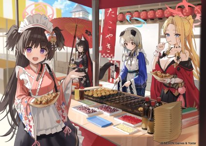 河和シズコ,狐坂ワカモ,蔚蓝档案,hidulume,兽耳,露肩,黑发,金发,breasts,狐娘,光晕,和服,长袖,開口,笑顔,夕コ焼き,雨伞