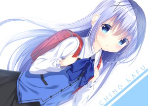 香風智乃,请问您今天要来点兔子吗?,pizzzica,前发,碧眼,青发,脸红,发饰,长发,长袖,视线正对,衬衫,短裙,single,制服,女服务生,白背景