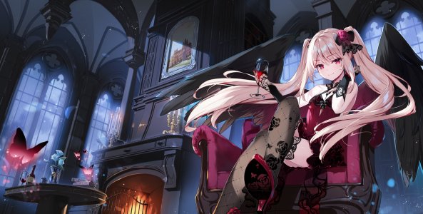 原创,宮瀬まひろ,露肩,金发,连衣裙,手套,holding,长发,视线正对,坐姿,single,丝袜,超长发,翅膀