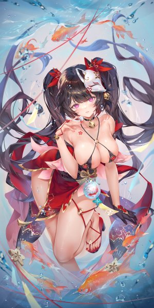 崩坏：星穹铁道,honkai,花火,么赖赖,single,长发,長身像,视线正对,前发,breasts,茶发,双马尾,露肩,cleavage,全身,直刘海,少女,手套,动物,铃,オビ,仮面