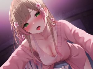 原创,豊咲Shu,脸红,breasts,茶发,cleavage,绿色眼,发饰,长发,长袖,视线正对,開口,粉发,single,超长发
