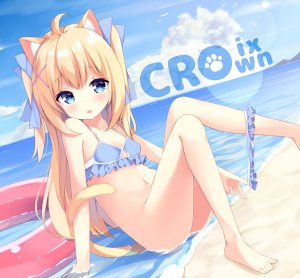 原创,三村ざじゃ,长发,single,脸红,视线正对,開いた口,胸部,前发,碧眼,露肩,坐姿,天空,兽耳