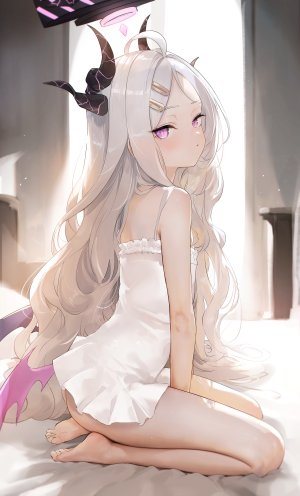 蔚蓝档案,空崎ヒナ,nekoyaliu,single,长发,長身像,视线正对,前发,坐姿,全身,呆毛,白发,少女,翅膀,光晕