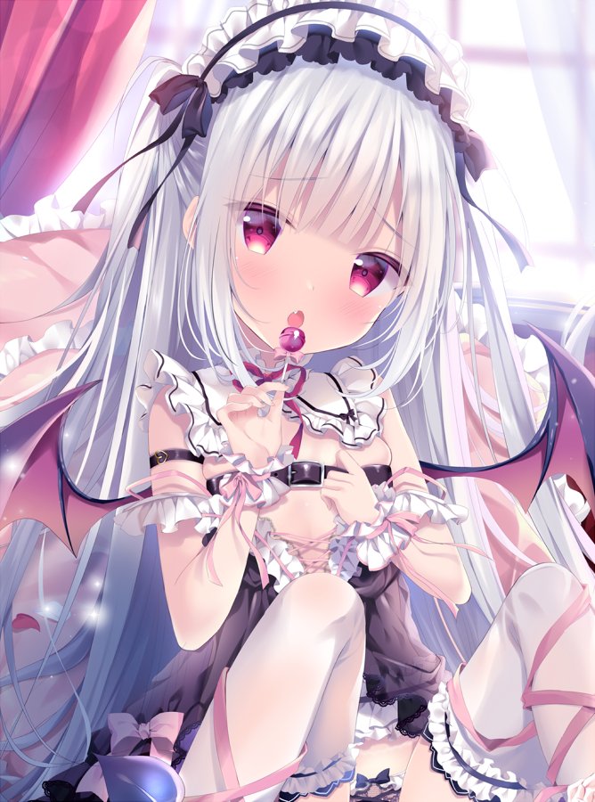 原创,しばいぬ_にき,露肩,脸红,胸部,连衣裙,holding,长发,開いた口,红色眼,缎带,坐姿,貧乳,single,黑丝,白丝,翅膀