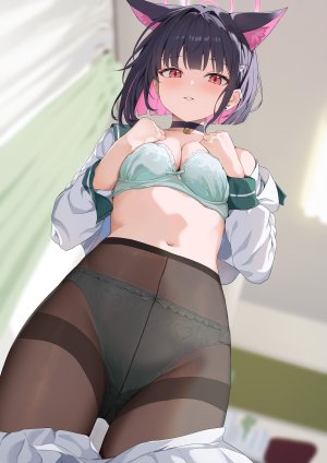 カズサ,蔚蓝档案,埃策尔,兽耳,露肩,黑发,脸红,bra,breasts,猫耳,项圈,cleavage,发饰,长发,长袖,视线正对,露脐,胖次,裤袜,衬衫,短发,短裙,single,下着,脱衣