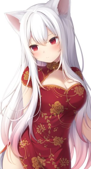 原创,甘城なつき,兽耳,前发,脸红,胸部,猫耳,汉服,cleavage,连衣裙,长发,横乳,红色眼,single,白背景,白发