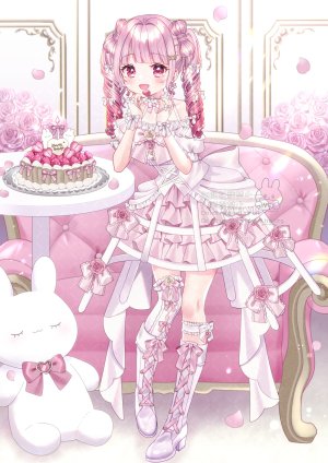 itsuki_arisa,独立虚拟YouTuber,あでりーぬ,露肩,脸红,花束,项圈,连衣裙,全身,手套,发饰,holding,视线正对,花瓣,rose,短裙,笑顔,草莓,毛绒玩具,丝袜,双马尾,Vtuber