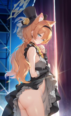 ほうき星,蔚蓝档案,伊落玛丽,前发,连衣裙,胖次,下着,兽耳,碧眼,脸红,breasts,猫耳,光晕,长发,露脐,開口,holding,rose,single