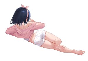 原创,mignon,露肩,黑发,lingerie,横臥,胖次,缎带,single,下着,白背景