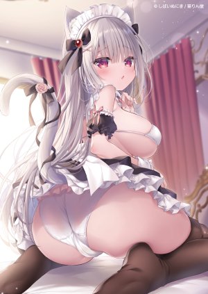 原创,しばいぬ_にき,兽耳,黑丝,脸红,bra,breasts,猫耳,猫娘,猫尾,连衣裙,灰发,发饰,长发,视线正对,女仆,张嘴,胖次,红色眼,缎带,坐姿,single,丝袜,下着