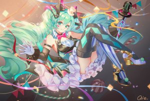 VOCALOID,魔法未来演唱会,初音ミク,qie_,长发,single,视线正对,双马尾,露肩,全身,少女,黑丝,手套