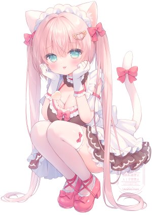 原创,mayumani,兽耳,围裙,碧眼,脸红,breasts,猫耳,猫娘,猫尾,cleavage,连衣裙,全身,手套,发饰,长发,视线正对,女仆,粉发,笑顔,single,丝袜,双马尾,超长发,白背景,白丝