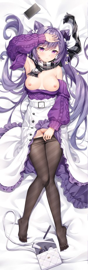 Sannio,原神,刻晴,黑丝,三股辫,连衣裙,包子頭,发饰,长袖,裤袜,针织衫,结发,双马尾,breasts,长发,nipples,紫发,猫咪,横臥,白背景,抱枕,長身像