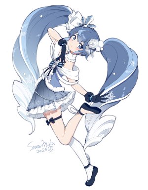 初音ミク,雪ミク,VOCALOID,agonasubi,黑发,碧眼,全身,手套,发饰,褶皱裙,短裙,笑顔,single,丝袜,白背景,白丝
