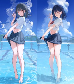 原创,mignon,黑发,脸红,手镯,breasts,发饰,视线正对,露脐,開口,褶皱裙,红色眼,学校制服,水手服,衬衫,短裙,天空,笑顔,single