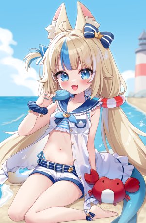 sameko_saba,独立虚拟YouTuber,moorina,兽耳,海滩,水着,金发,青发,脸红,猫耳,长发,视线正对,露脐,開口,衬衫,坐姿,天空,笑顔,single,泳装,Vtuber