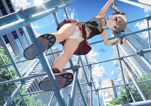 原创,kantoku,碧眼,脸红,茶发,全身,视线正对,迷你短裙,露脐,胖次,褶皱裙,短裙,天空,笑顔,single,双马尾,下着